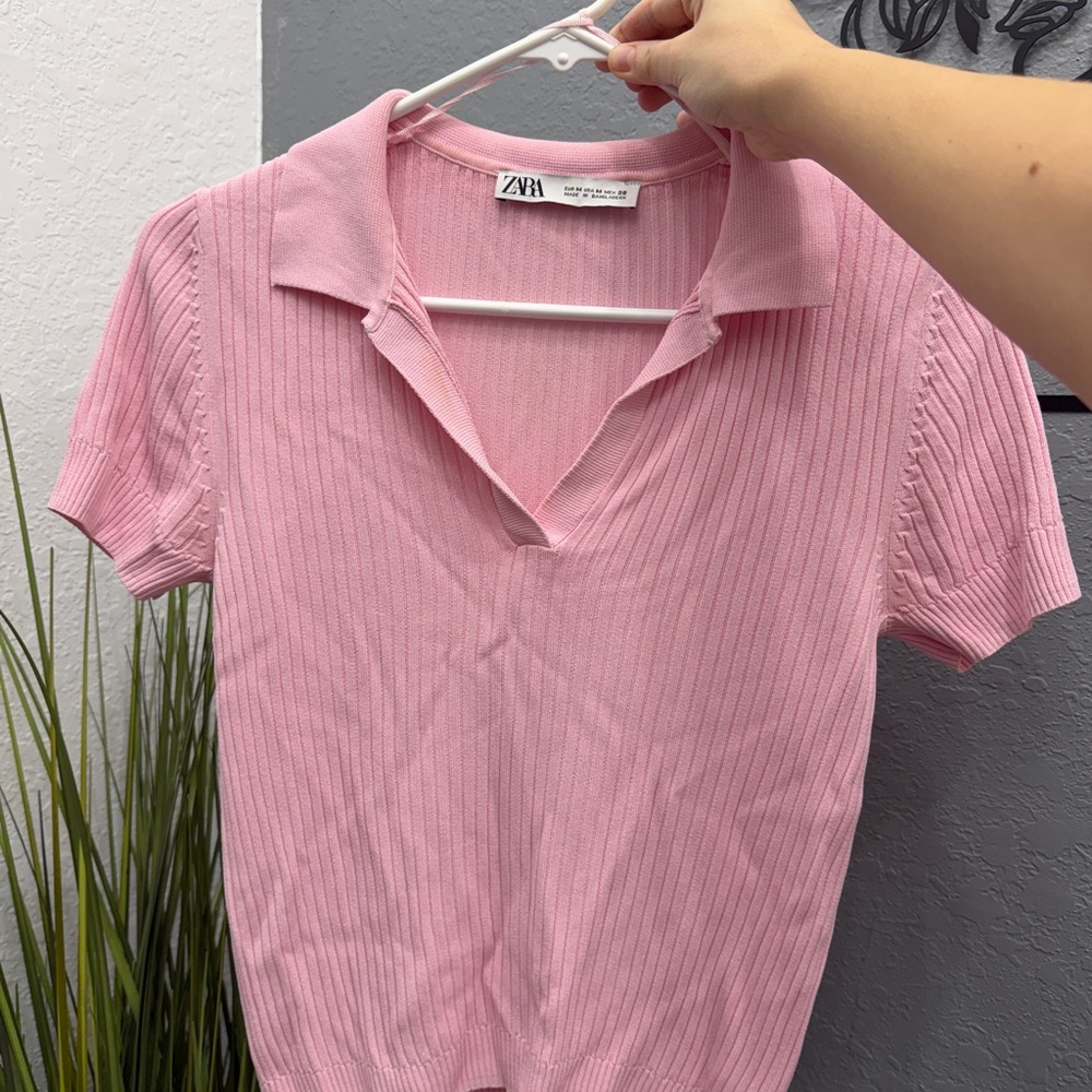 Zara Pink Ribbed Polo Top
